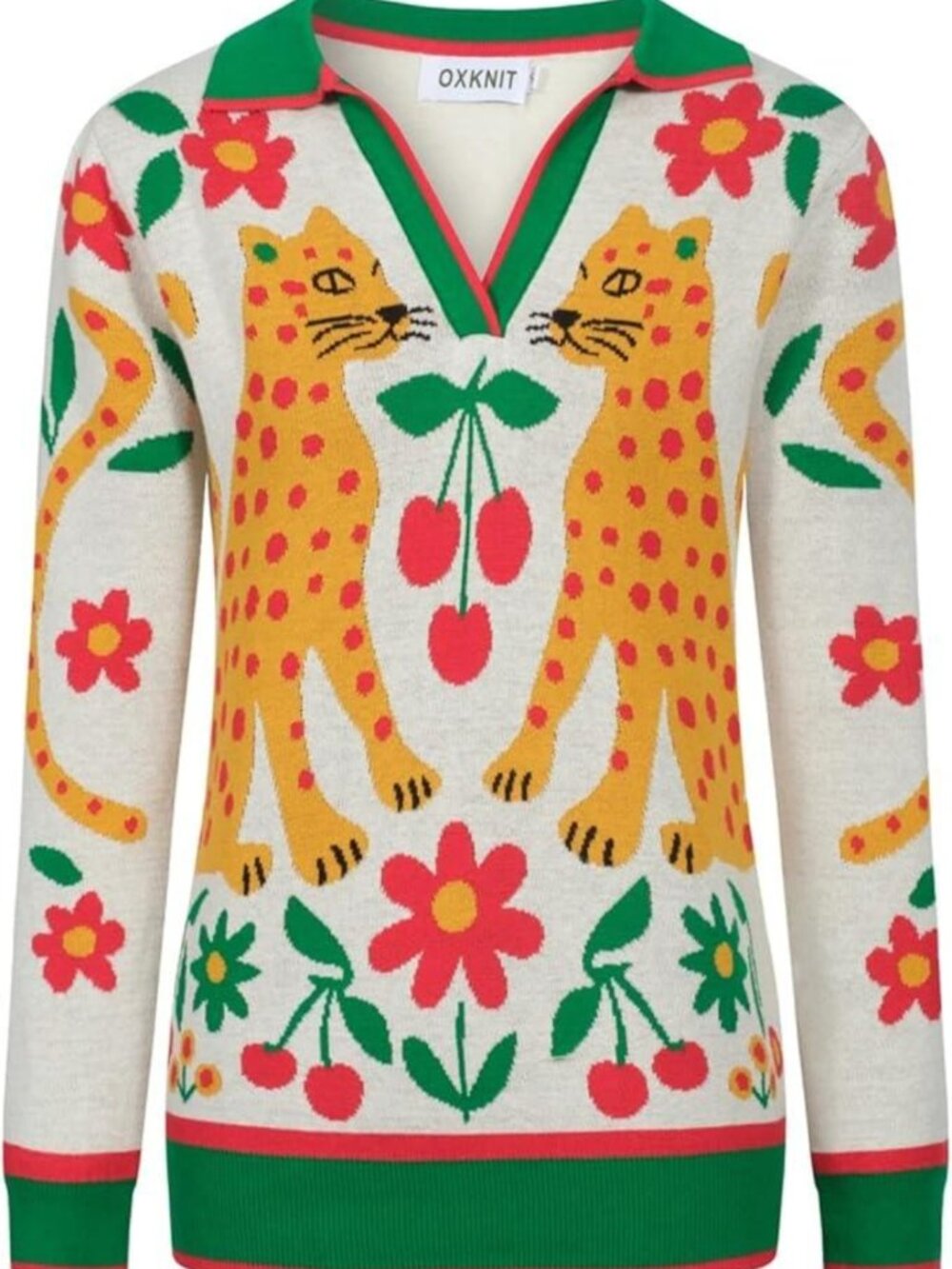 OXKnit 2X Long Sleeve Retro Leopard Cherry Floral V-Neck Sweater